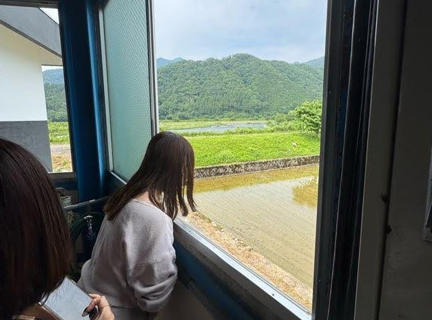 蔵の窓から九頭竜川と田んぼが見える